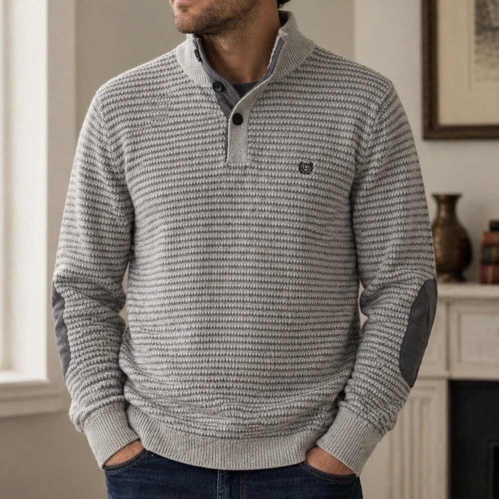 Chaps Mens Grey Textured Henley Knit Mock Neck Button Sweater Elbow‎ Patches S